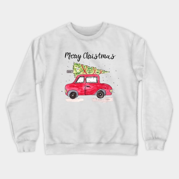 Watercolor Christmas Car with Tree Crewneck Sweatshirt by Harpleydesign